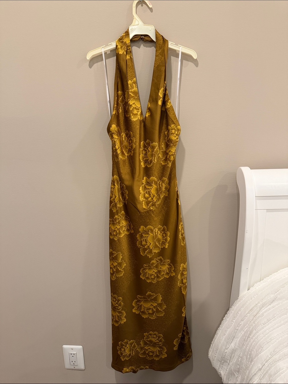Lulu's Mustard Gold Floral Satin Halter Midi Dress